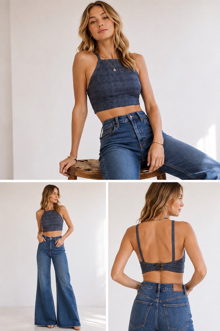 Show Me Your Mumu Fawcett Schoolhouse Plaid Open Back Crop Top Blue Size XL NWT